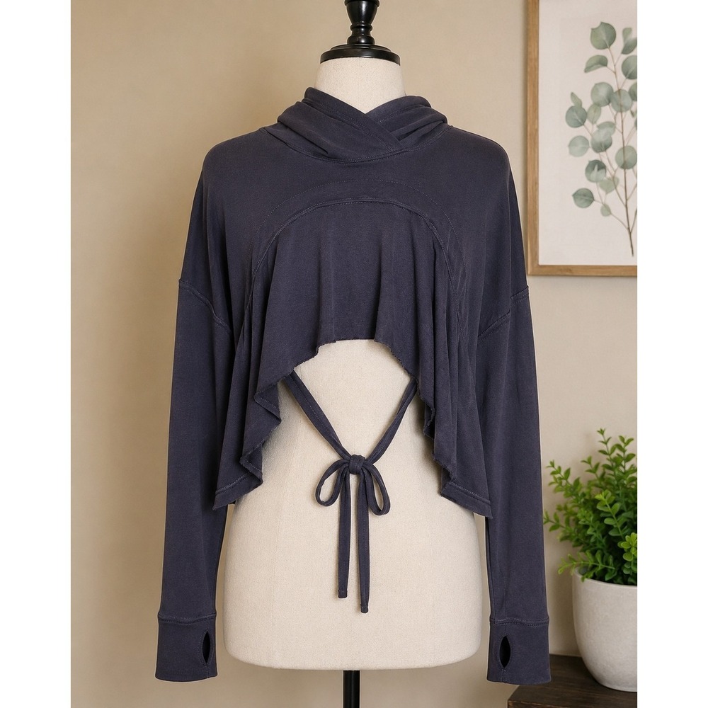 Free People FP Movement Hoodie Womens XS/S‎ Purple Gray Crop Open Back Thumbhole